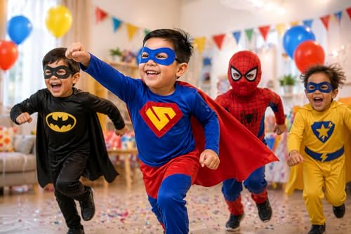 Image of Raj Costume Boys Superhero Costume Set with Mask | Blue Red Full Sleeve T-Shirt & Track Pants | Kids Fancy Dress for Birthday Party, School Function|Stretchable Comfortable