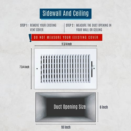 [2 Pack] Fits 10x6 Duct Opening 1 Way Steel Air Supply Diffuser by Handua | Register Vent Cover Grille for Sidewall and Ceiling | White | Outer Dimensions: 11.75" X 7.75" by Handua - Used condition - Image 2