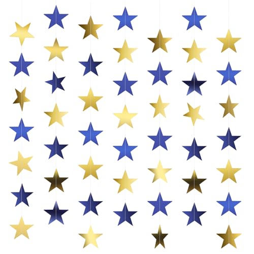 Star Garland Banner, 5PCS 66FT Double-Side Blue Gold Star Hanging Bunting Banner Backdrop for Birthday, Wedding, Baby Shower, Christmas Party Decorations