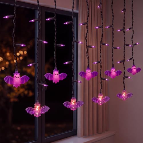 SUNSGNE 7ft 50 LED Halloween Bat Curtain Lights
