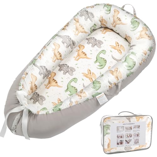 Alened Baby Lounger for Newborn 0-24 Months, Organic Cotton Infant Lounger on Floor for Supervised Tummy Time, Adjustable Portable Support Pad for New Born Awake Use Only - Dinosaur
