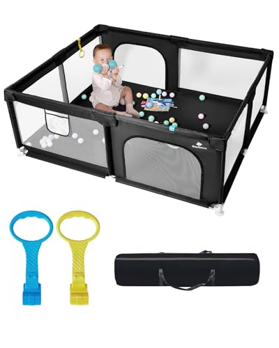 Image of [Upgraded] dearlomum Baby Playpen, 71"x59" Extra Large Playard with Thickened Steel Pipes, Baby Activity Center with Gate & Toys, Sturdy Soft Mesh Safety Fence for Toddlers (Black)