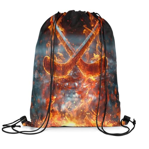 Erosebridal Ice Hockey Draw String Back Bag,3D Hockey Puck Drawstring Bags for Sport Yoga Camping,Red Flame Reversible String Backpack,Winter Hockey Games Drawstring Backpack 13X15.72