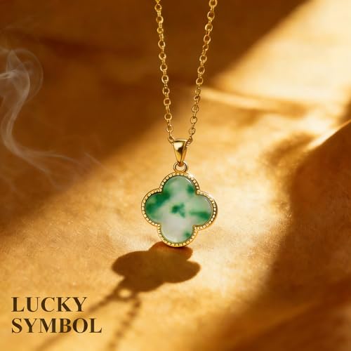 Four Leaf Clover Necklace for Women, Gold Plated Lucky Clover Green Jade Pendant Necklace, 4 Leaf Clover Necklace Mothers Day Gifts for Wife Lover - Image 6