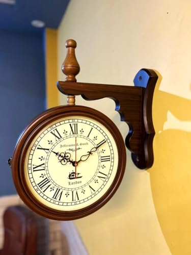 Image of Antique Collection Jefferson & Smith Vintage Double-Sided Wall Clock - Antique Victorian Hanging Clock with Bracket, Silent Quartz Movement, Roman Home Decore Item Wooden Wall Clock..