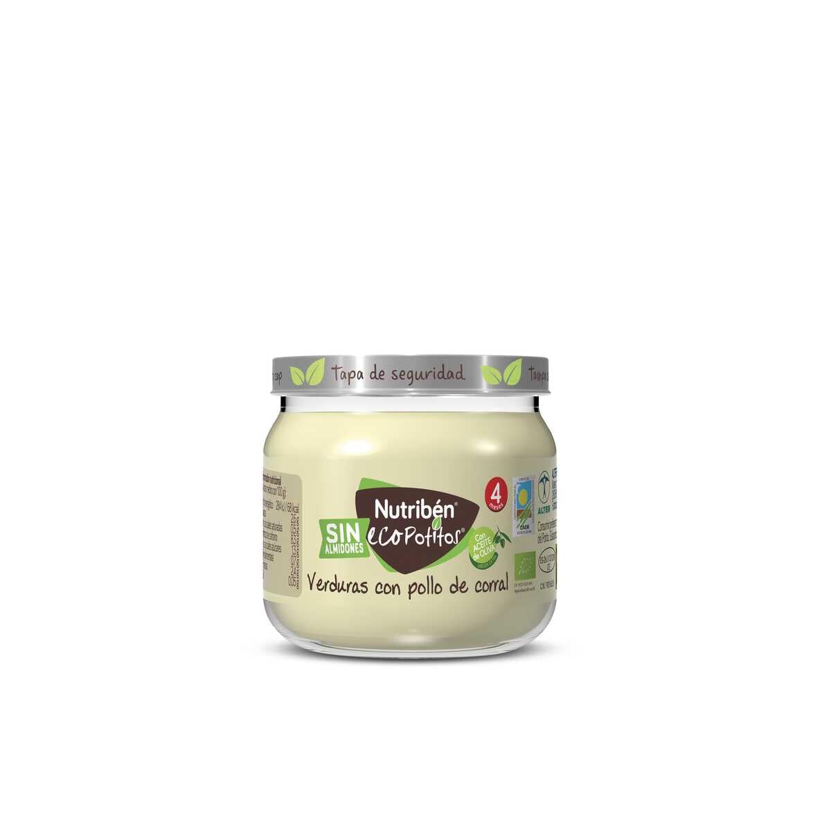 Nutribén Eco Potitos | Tarrito Ecológico de Pollo de Corral con Verduras| Para Bebés a Partir de 4 Meses | Sin Almidones | Sin Azúcares Añadidos | Ingredientes Naturales y Saludables | 120g