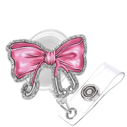 Enrouleur de badge avec nœud rose – Joli porte-badge rétractable avec clip pour infirmière, enseignant, étudiant, travailleur médical, bureau