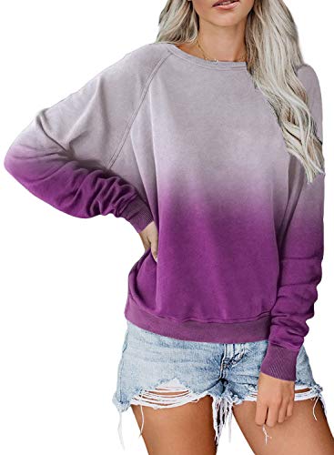 AlvaQ Women Long Sleeve Hoodies Fashion Csual Loose Sweatshirt Colorblock Tie Dye Printed Pullover Shirts Tops Purple Small