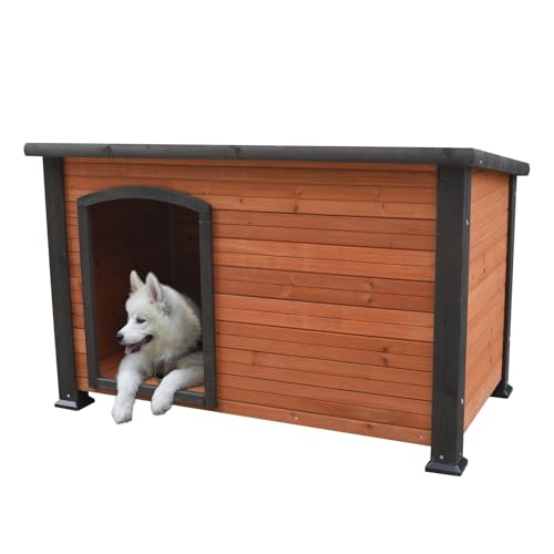 Wetterfeste Hundehütte aus Holz, Outdoor Hundehaus mit Grauer Umrandung, Naturholz Design