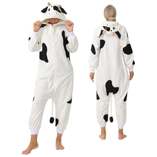 MAJ&COS Tier-Onesies Tier-Pyjama, Einteiler, Einteiler, Erwachsene, Cartoon-Cosplay, Weihnachtskostüm für Damen und Herren, Kuh, Medium