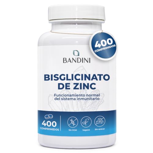 Bandini® Bisglicinato de Zinc 400 Comprimidos (13 Meses), Alta Dosis | Zinc Puro para Pelo, Piel, Uñas, Vista y Renforzar Sistema Inmunológico, Alta Absorción, Antioxidante Vegano, Sin Gluten Keto
