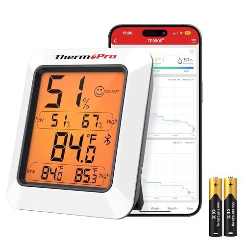 ThermoPro TempPro Thermometer Hygrometer 80m Bluetooth Raumthermometer Innen Temperatur und Luftfeuchtigkeitsmesser mit APP Datenexport für Innenraum Büro Weinkeller Gewächshaus TP350