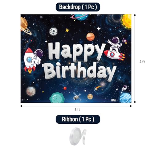 Image of Party Propz Space Theme Birthday Decoration Backdrop 2 Pcs - Outer Space Astronaut Happy Birthday Backdrop Decoration for Boys (5 x 4 Ft) with Ribbon,Astronaut Theme Decor for Kids