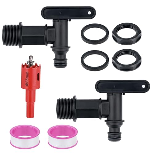 Auslaufhahn für Regentonne 2 Stück Wasserhahn für Regentonne mit Dichtung und Lochöffner 3/4 Zoll Regenfass Adapter Regentonnenhähne für Regenwassertonne Wassertank Regenfass (Schwarz)