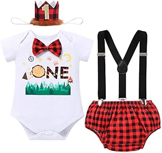FYMNSI Baby Boy Camping Theme First Birthday Cake Smash Outfit Photo Shooting Props Short Sleeve Romper + Diaper Cover Shrots + Suspenders + Headband Set