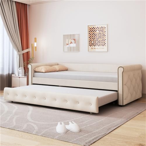 Tcewhhy Cama Tapizada 90x200 Cm Sofá Cama Extraíble con Reposabrazos Cama Infantil Tela De Lino Cama Juvenil para Adultos Jóvenes Cama De Invitados para Salón Habitación De Invitados Beige 1001