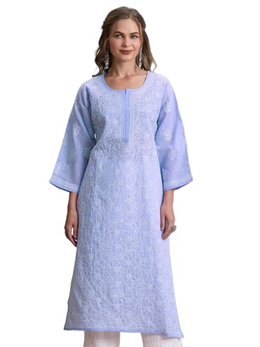 Image of Ada Women's Cotton Straight Fit Straight Hand Embroidered Lucknowi Chikankari Kurta Kurti A411165