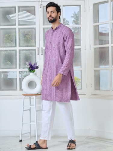 Image of See Designs Men's Full Sleeve Mandarin Collar Sequins Embroidered Straight Long Kurta - Festive Collection