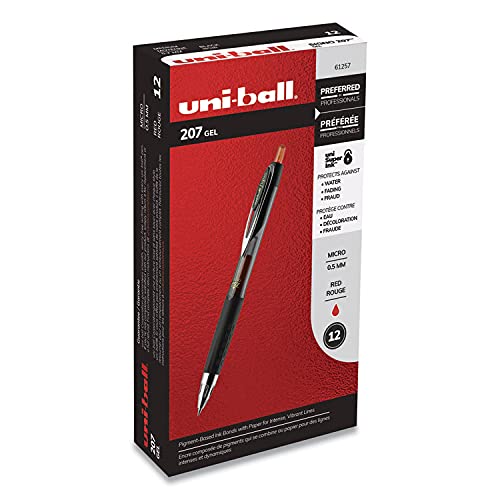 uni-ball Signo 207 Retractable Gel Pen, Micro 0.5 mm, Red Ink, Smoke/Black/Red Barrel, Dozen