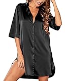 Women's Nightgown Nightwear Button Down Sleepshirt Satin 3/4 Sleeve Nightshirt Boyfriend Notch Collar Tops Shirts Dress Sleepwear (Black, X-Large)