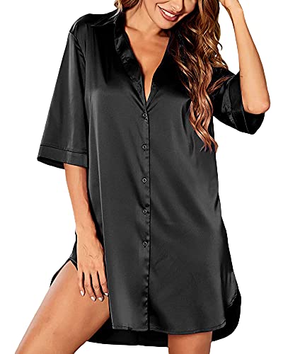 Women's Nightgown Nightwear Button Down Sleepshirt Satin 3/4 Sleeve Nightshirt Boyfriend Notch Collar Tops Shirts Dress Sleepwear (Black, Large)