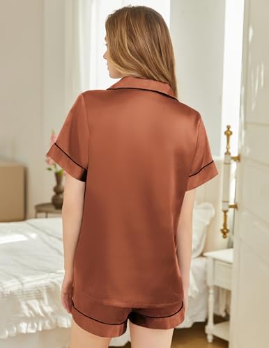 Image of Silk Pajamas for Women Short Sleeve Sleepwear Soft Button Down Loungewear 2 Piece Satin Pjs Shorts Set S-XXL