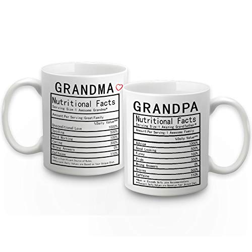 Grandma Nutritional Facts Mug and Grandpa Nutritional Facts Mug Birthday Fathers Mothers Day Gifts for Grandparents Grandma and Grandpa from Granddaughter Grandson Grandkids 11 Ounce Pack of 2