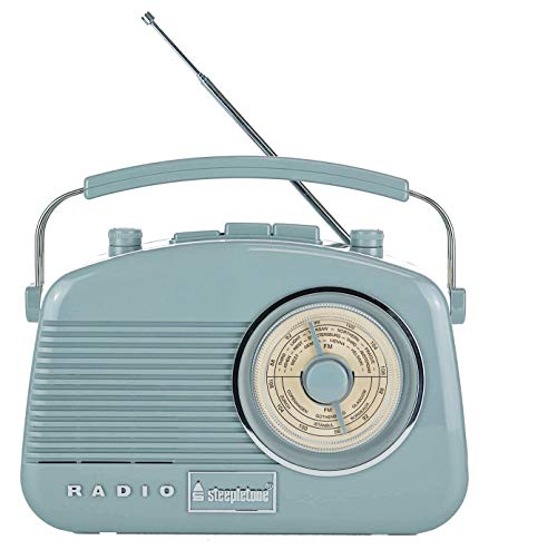 Steepletone Baby Brighton-BT. COMPACT Retro Radio + BLUETOOTH, SPEAKER. Rotary FM Radio, Shabby Chic Nostalgic, 1950s Style, Mains Electric, Battery, Smart Phone Link (Pastel Grey)