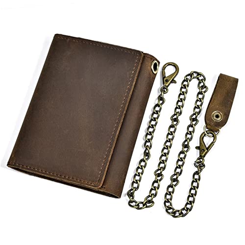 Men's Chain Wallet Men's Retro Cowhide Short Three Fold Men's Wallet Clip Coin Pocket Money Bag with Chain Brown Wallets