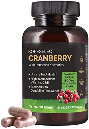 KORESELECT Cranberry 17,000mg with Dandelion & Vitamins, UTI Relief, Antioxidant Supplement, Immune Support, Bladder Health for Women & Men 60 Vegan Capsules