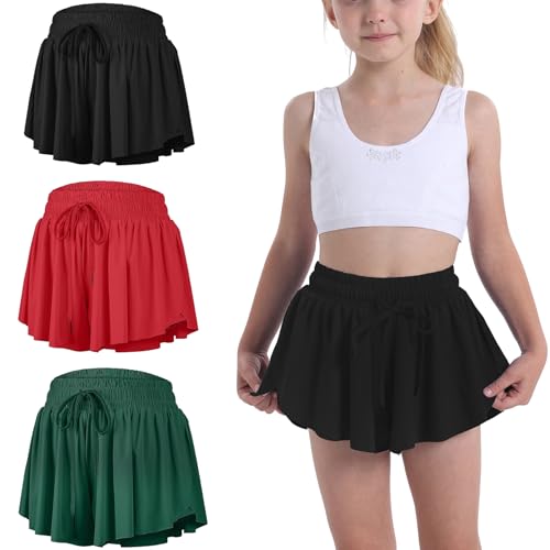 Flowy Butterfly Shorts for Girls 2-in-1 Athletic Running Skirt Shorts Cheer Tennis Dance Preppy with Spandex Liner(Black,Forest,Green Red,L)