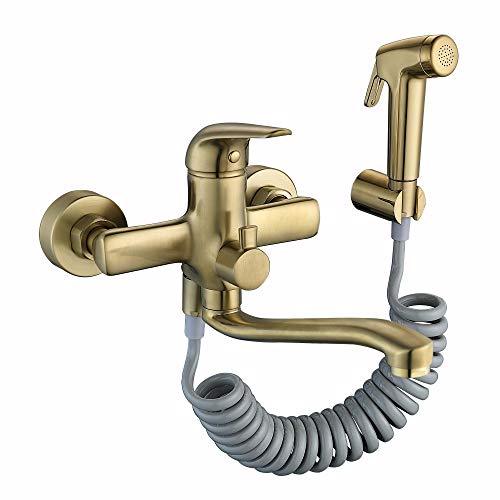 Home - Grifo de cocina montado en la pared, acero inoxidable 304, giratorio y plegable, doble salida con pistola pulverizadora, elegante acabado dorado