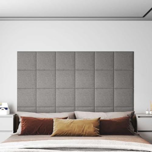 Lot de 12 panneaux de plafond - Panneaux muraux rembourrés - Gris clair - 30 x 30 cm - Tissu - 1,08 m² - Revêtement mural pour une sensation chaleureuse et rustique