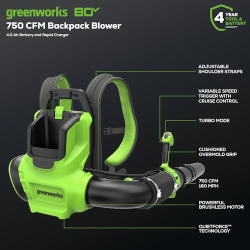 Image of Greenworks 80V Backpack Leaf Blower, 750 CFM, 4.0 Ah Battery and Charger