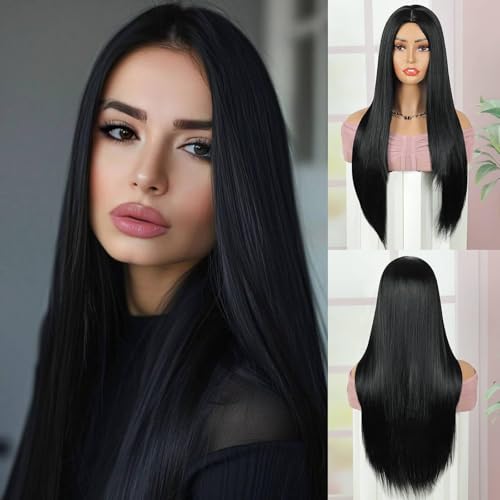 QUEENTAS Long Black Wigs for Women Straight Synthetic U Part Wig Ladies Womens Wigs for Party Cosplay Halloween Costume (Black)