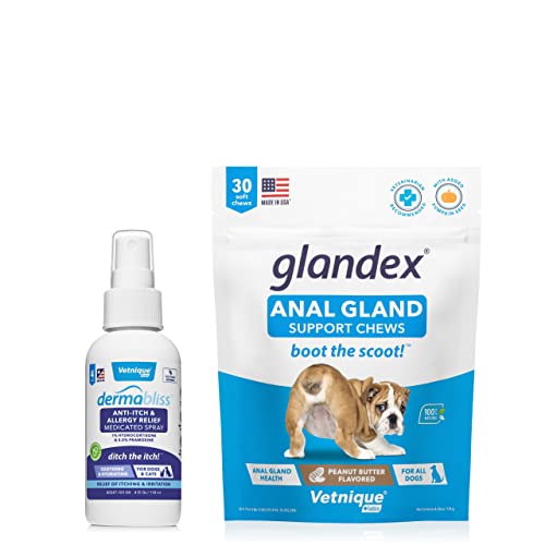 Vetnique Dermabliss Anti Itch & Allergy Relief Spray For Dogs & Glandex Anal Gland Support Soft Chew Treats With Pumpkin For Dogs (30Ct Peanut Butter) #TOP15