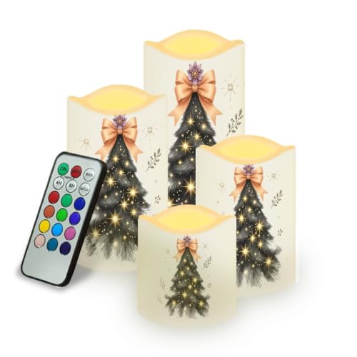 Image of Christmas Electric Flameless Candles Set of 4 | Christmas Tree Pattern, Flameless Candle Set with Timer, Battery Operated, Fake Candles for Living Room, Table Centerpieces