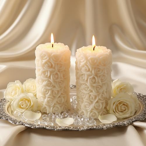 Image of Rose Pillar Candle, White Colour with Vanilla Fragrance, Smokeless Designer Decorative Candle Set for Home Decor, Diwali & Festive Gifting (5.5 x 10.5 cm, 12hrs)