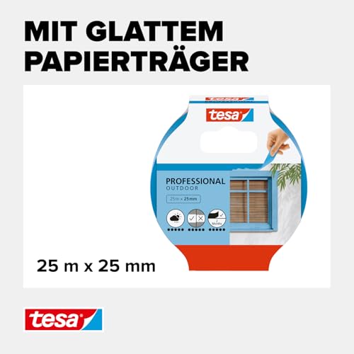 tesa Malerband AUSSEN – Dünnes Abdeckband für extrem präzises Abkleben bei Malerarbeiten im Outdoor-Bereich, UV- und wetterbeständig – 25 m x 25 mm