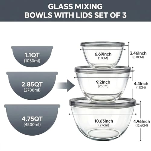 Set de 3 tazones de vidrio con tapas de 4.75QT, 2.85QT y 1.1QT miniatura 3