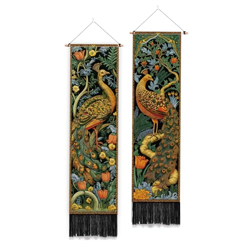 Tapisserie verticale motif paon vintage de 130x33 cm pour salon et chambre