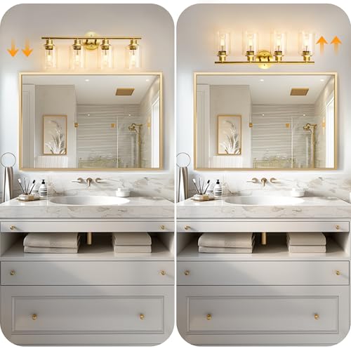 Image of Brush Gold Bathroom Vanity Light - 4-Light Bathroom Light Fixtures with Clear Glass Shades, UL Certification & E26 Base, Gold Vanity Light for Bathroom