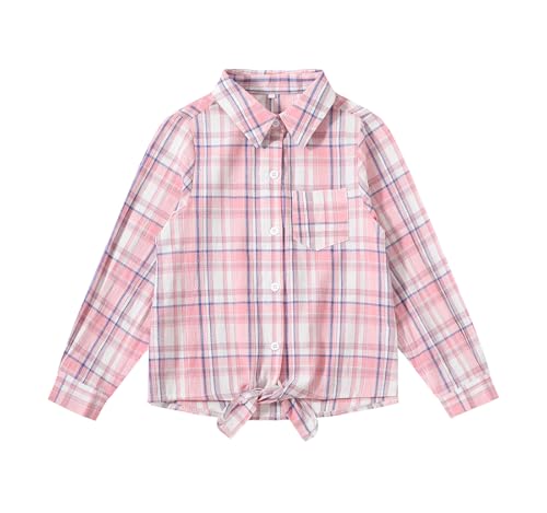 Girls Long Sleeve Plaid Button Down Western Shirt Tie Front Cowgirl Outfits Blouse Tops, Pink Plaid, 11-12 Years