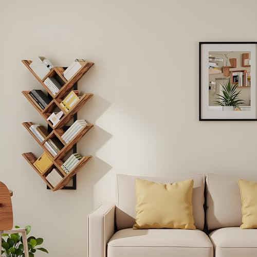 Image of HOOBRO Floating Shelves for Wall, Set of 2 Wall Mounted Shelves, 2-Tier Wooden Tree Bookshelf, Hanging Shelves Storage Rack, for Living Room, Kitchen, Office, Rustic Brown and Black BF54BJP201