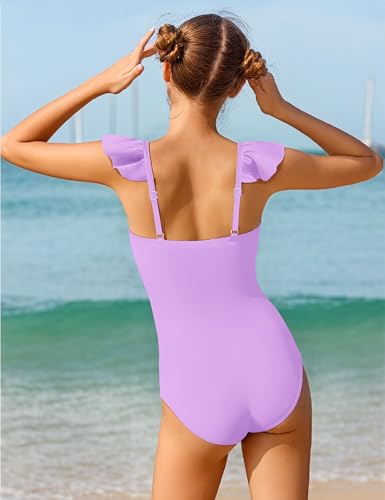 NECIOUS Girls Swimsuit Ruffle Adjustable Straps One Piece Bathing Suit Solid Color Ruched Girls' Swimwear 9-16Y3