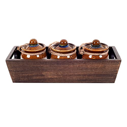 Image of AAKRITI ART CREATIONS Achaar Tray with Three Barnis | Ceramic Achar ki Barni & Mukhwas Box | Handcrafted Modern Art Storage Jar for Spice & Pickle | Traditional Achaar Barni for Kitchen