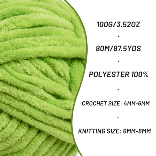 Image of 2 Pack Fluffy Chenille Yarn for Crocheting, Chunky Velvet Yarns for Crochet Amigurumi, Baby Yarn for Crocheting Soft Blanket, 174.9yds /7 oz Bulky Yarns for Crafts /Hats /Shoes /Socks (2 Lime Green)