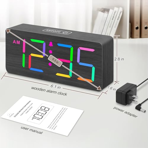 Image of DreamSky Wooden Digital Alarm Clock for Bedroom, Living Room Desk | RGB Loud Alarm Clock for Heavy Sleepers with Volume Control, Large Numbers with Dimmer, Office Wood Decor (Plug in Clock)