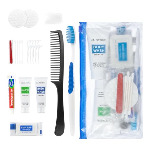 5 Sets Travel Toiletries Kit Bulk, 8-in-1 Disposable Personal Hygiene Kit with Toothbrush,Toothpaste,Floss,Shampoo,Shower Gel,Soap,Comb,Vanity Kit with Zip Bag for Hotel Guest Donations Supplies