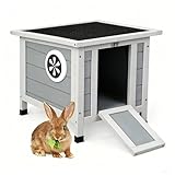 Coziwow Rabbit Hutch, Outdoor Cat House Weatherproof, Bunny Cage Indoor with Openable, Portable Small Animals Shelters with Nonslip Ramp for Hideout Rabbits/Feral Cats/Chicken/Duck/Small Animals-Gray